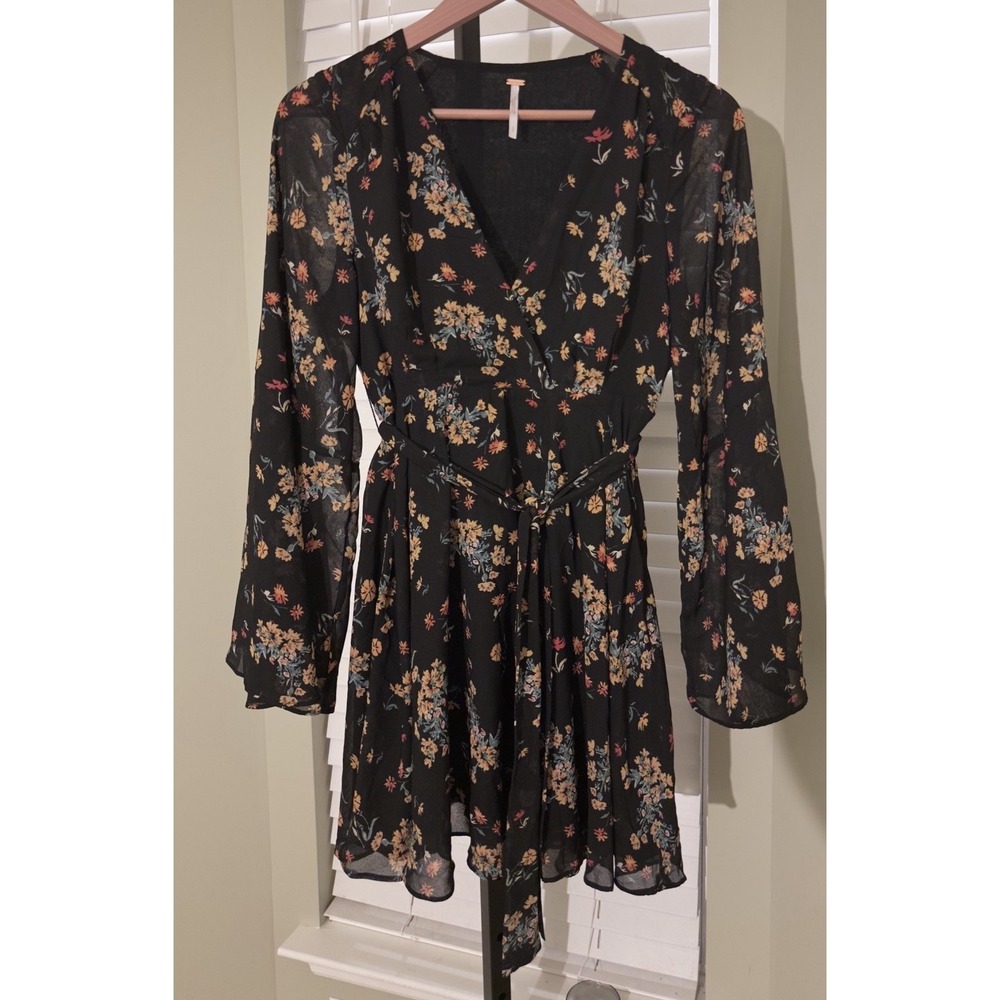 Free People Black Floral Mini Dress Size Small Sheer Boho Bell Sleeve, Waist Tie